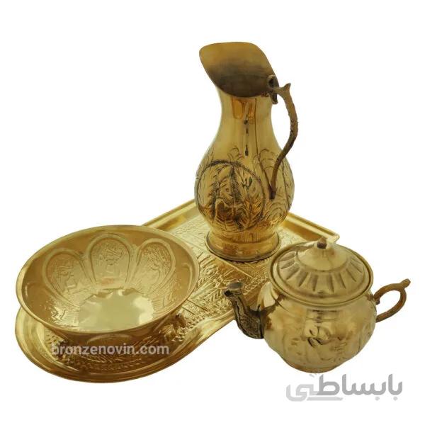 سرویس سماور برنجی چهار پارچه طرح قلم زرد کد ۴۰۴