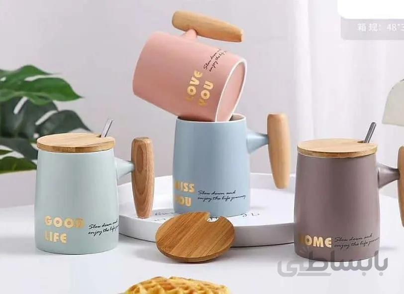 ماگ سرامیکی دسته چوبی