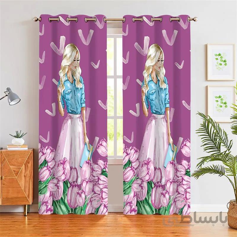پرده پانچی کد G03 طرح دختر و گل
