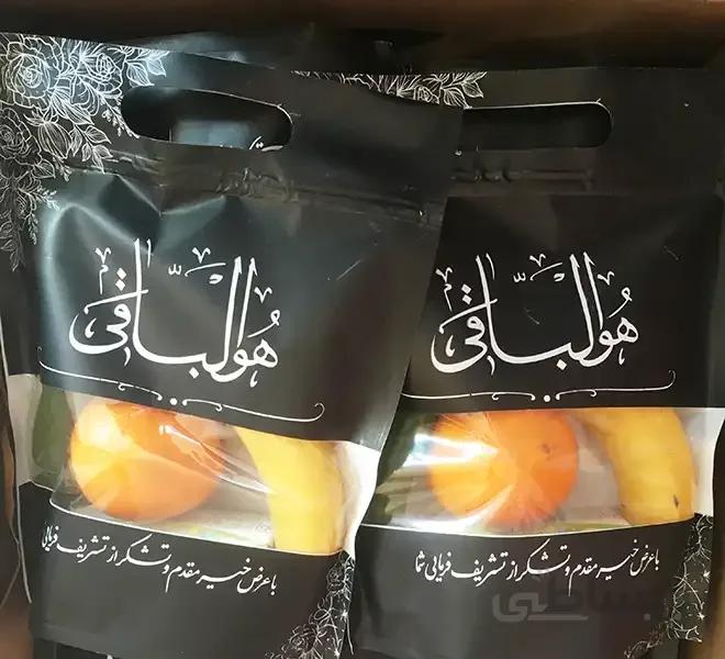 بسته میوه مراسم ترحیم (آب میوه، کیک، شلیل، خیار)
