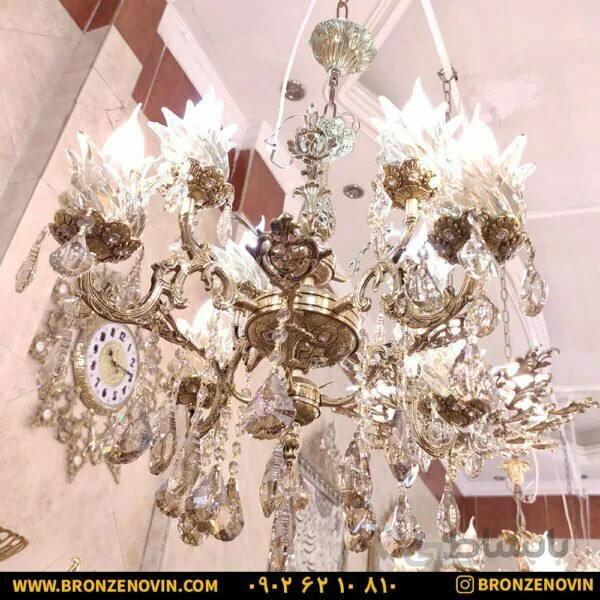لوستر برنزی دو گل گوچک ۳ طوقه ۴ شاخه ۸ شعله کد ۶۰۱