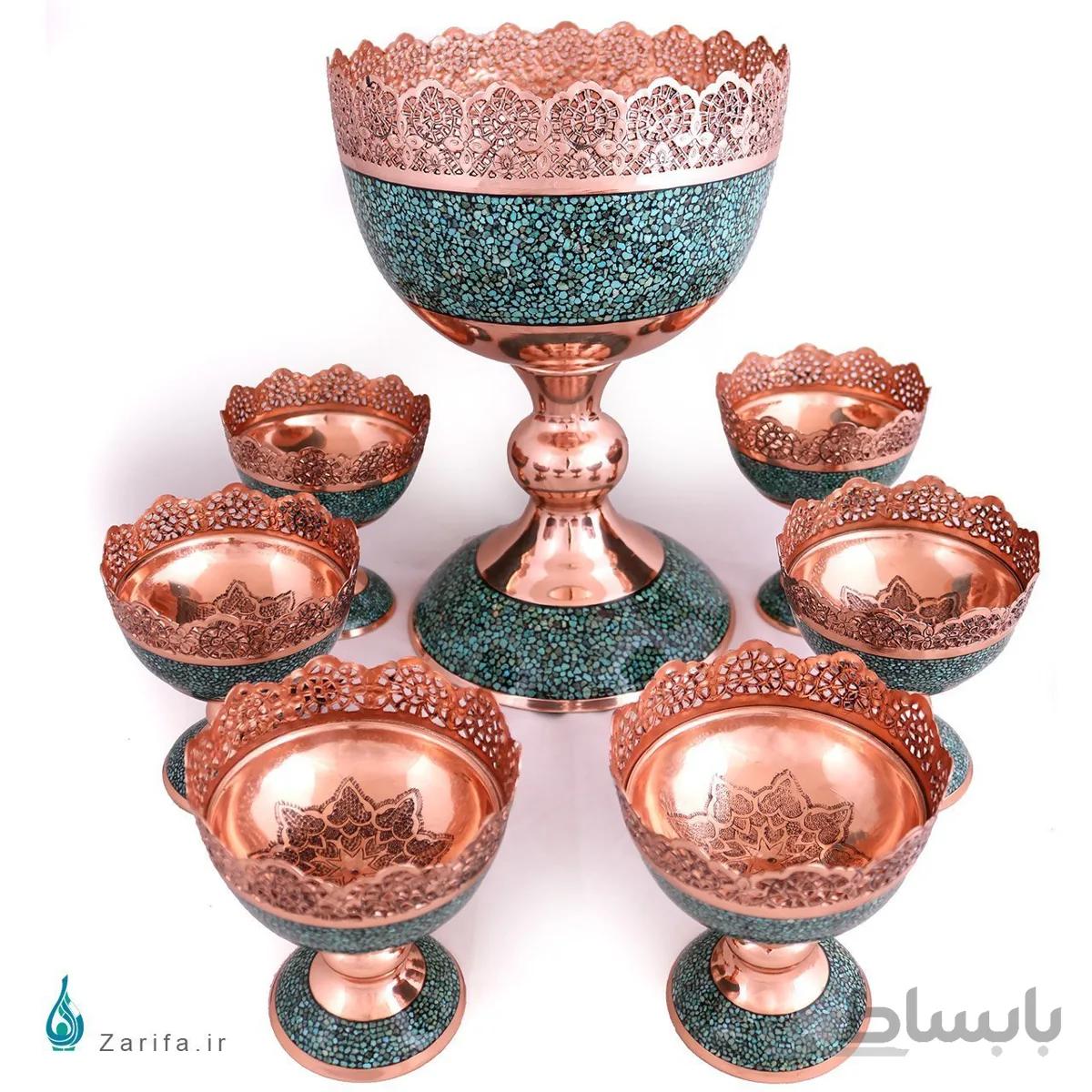 ست آجیل خوری فیروزه کوب مسی شبکه بری با کف قلمزنی