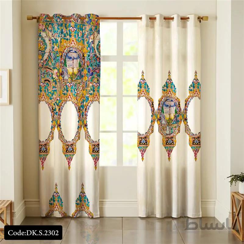 پرده پانچی (هازان و مخمل)کد DK.S.2302 طرح ایرانی و سنتی اسلیمی کاشی های رنگارنگ