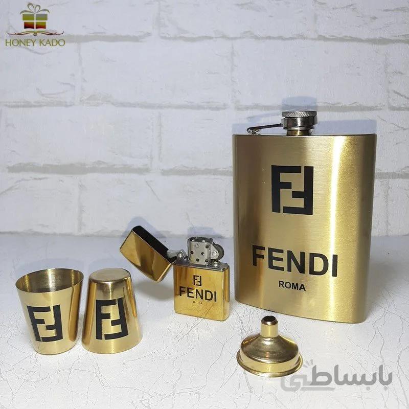 ست فلاسک استیل 2 شات فندک دار بنزینی مدل FENDI طلایی