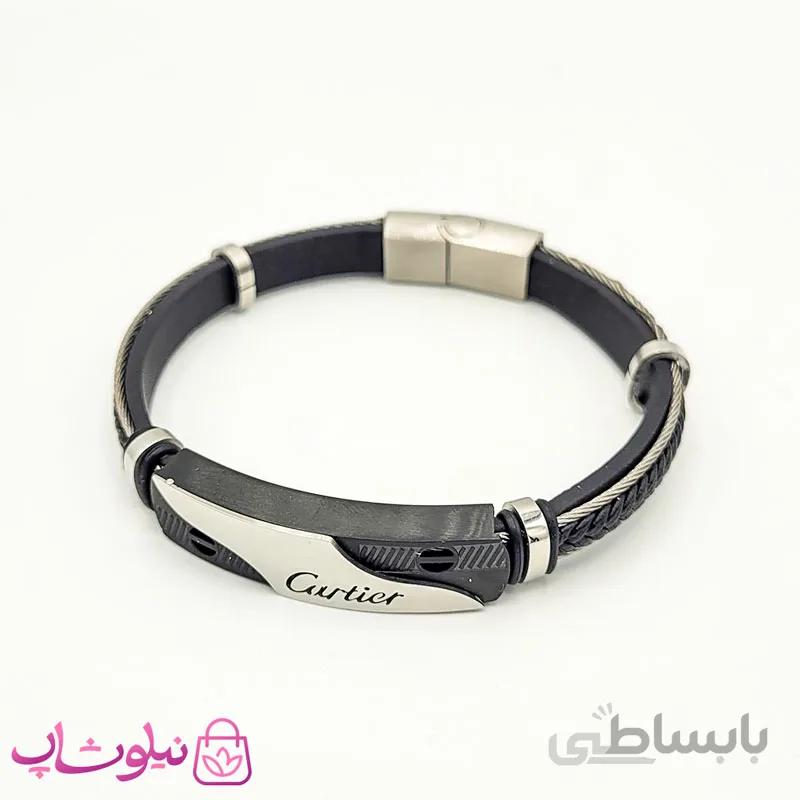 دستبند مردانه چرم و استیل کارتیه سیلور کد 1053-1