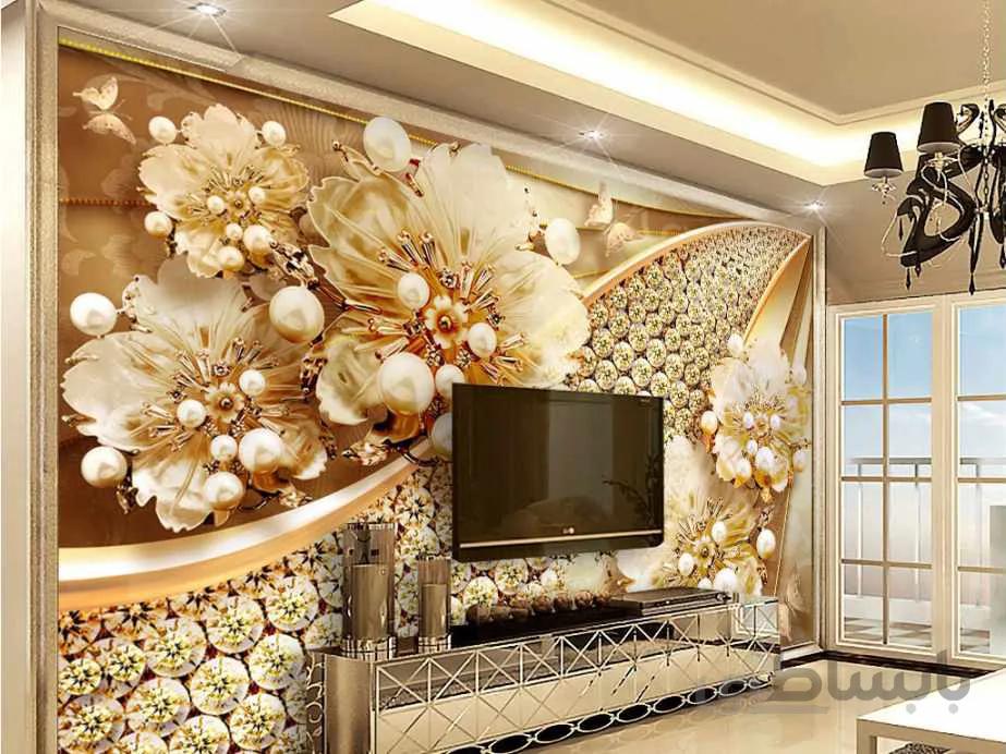 کاغذ دیواری سه بعدی گل های طلایی و نگینی