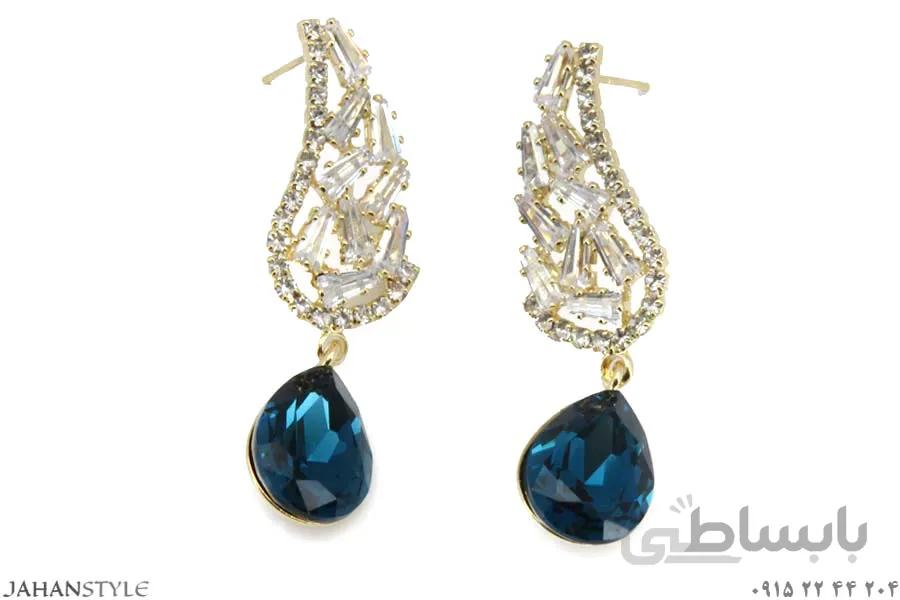 گوشواره جواهری نگین ابی پایه نقره
