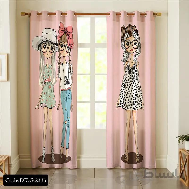 پرده پانچی (هازان و مخمل) کد DK.G.2335 طرح دخترانه دختران عینکی