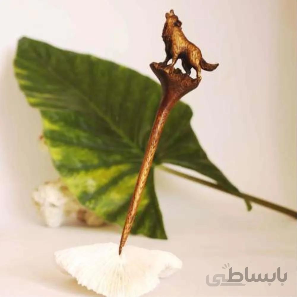 گیره مو دستساز چوبی طرح زوزه گرگ