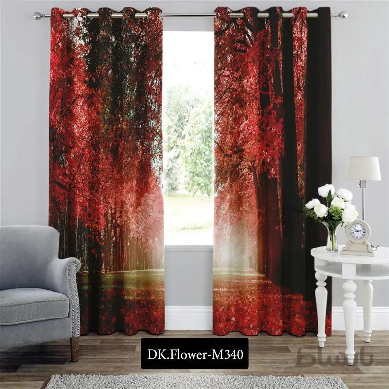 پرده پانچی (هازان و مخمل)کد DK.Flower.M340 طرح گل و منظره جنگل پاییزی