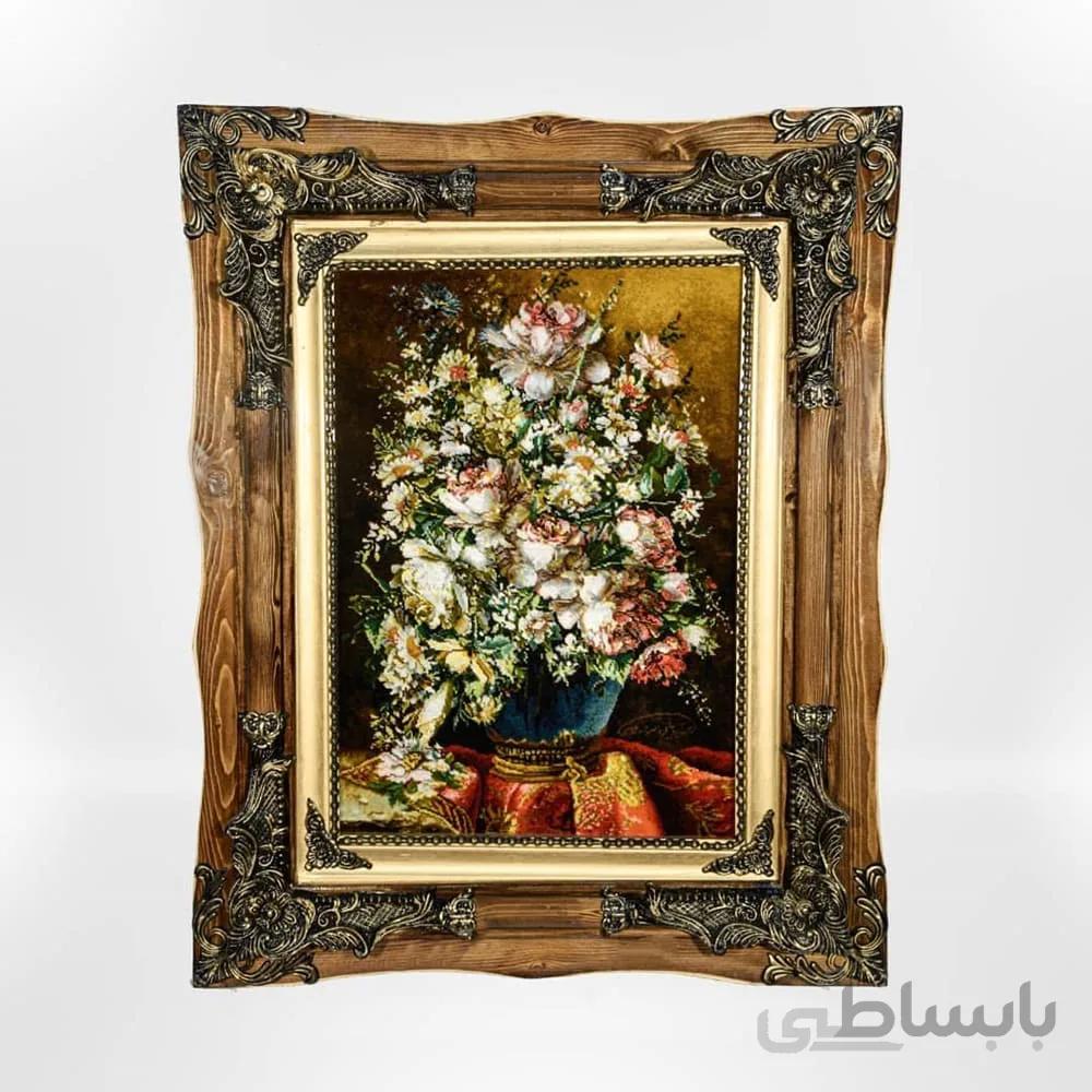 تابلو فرش دستباف طرح گلدان فیروزه ای ترمه قرمز کد ۹۸
