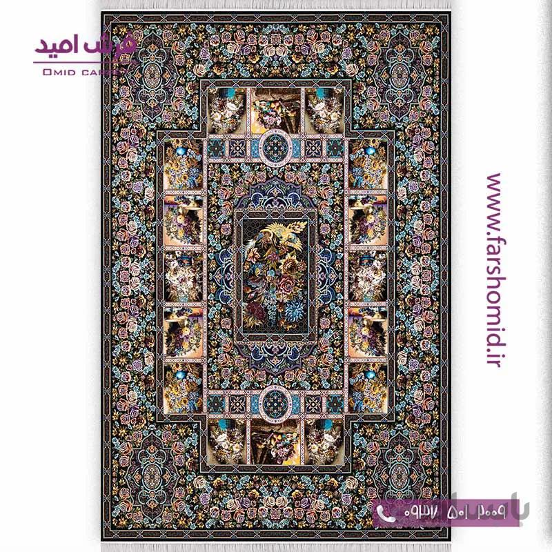 فرش ماشینی 1000 شانه 10 رنگ خشتی باغ ارم سرمه ای فرش سورنا