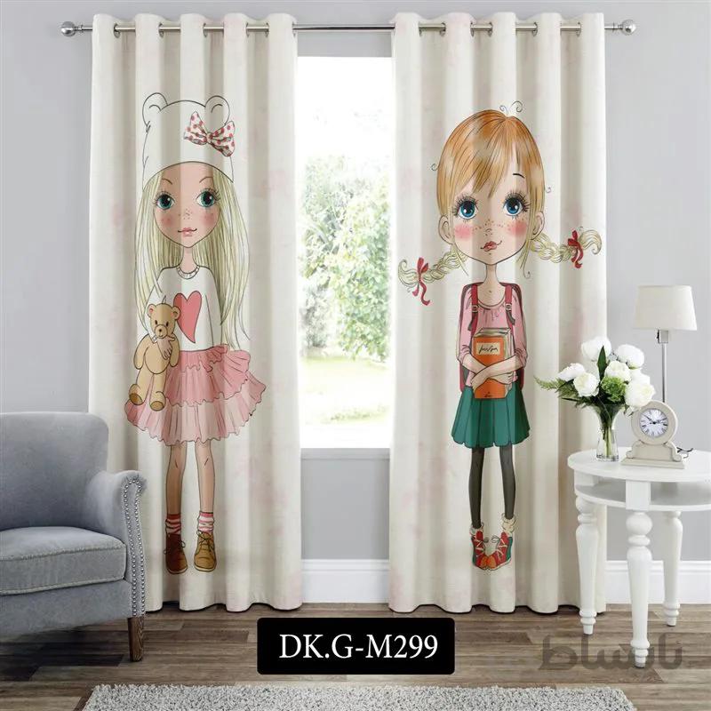 پرده پانچی (هازان و مخمل) کد DK.G.M299 طرح دخترانه دختر بچه و خرس عروسکی