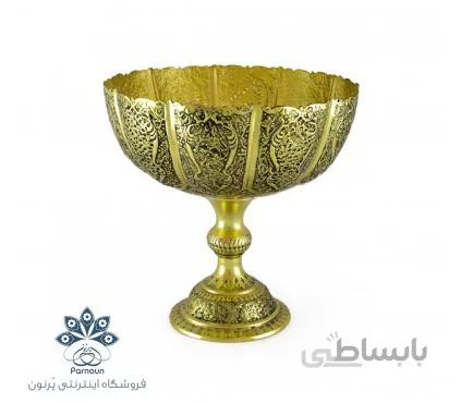میوه خوری برنجی با نقش قلمزنی گل و مرغ