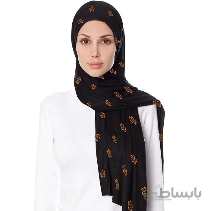شال حریر مشکی گلدوزی گل نارنجی