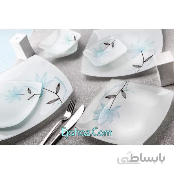 سرویس غذاخوری 25 پارچه ظروف شیشه ای طرح فلاور آبی آرکوفام