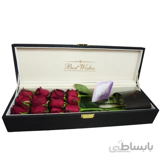باکس کلاسیک چرم با 12 شاخه رز هلندی