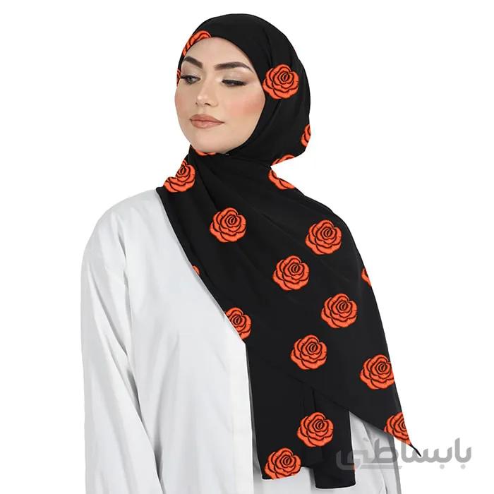 شال حریر مشکی گلدوزی رُز نارنجی