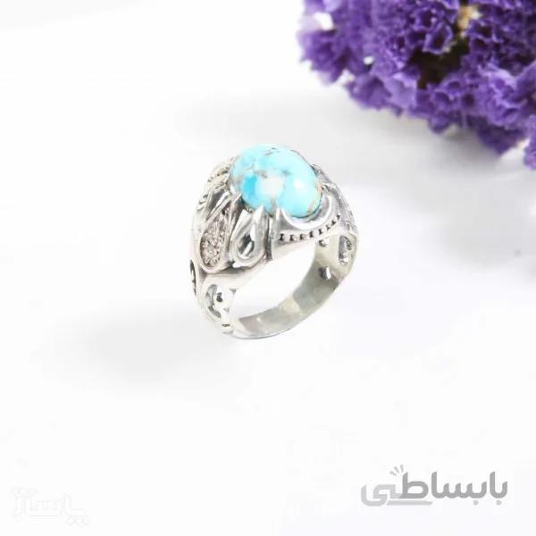 انگشتر نقره مردانه با سنگ فیروزه نیشابور دو رنگ اشکی کد 555671
