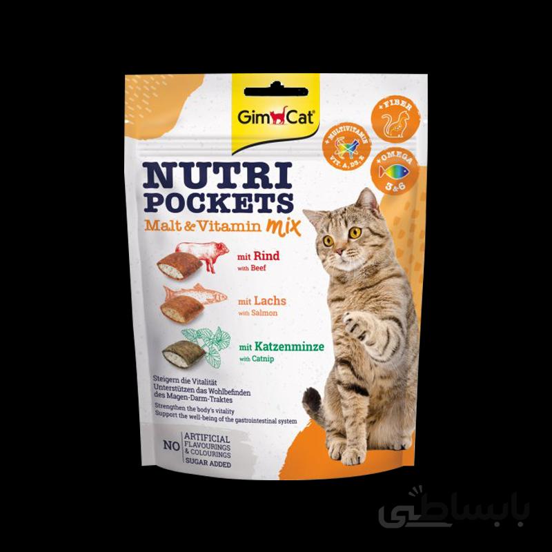 اسنک تشویقی نوتری ویتامین و مالت گربه جیم کت GimCat Nutri Pockets Multi Vitamin & Malt وزن 150 گرم