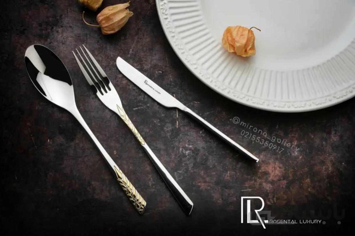 سرویس قاشق و چنگال 30 نفره طلایی سیلور براق با حاشیه طلایی مدل میا
