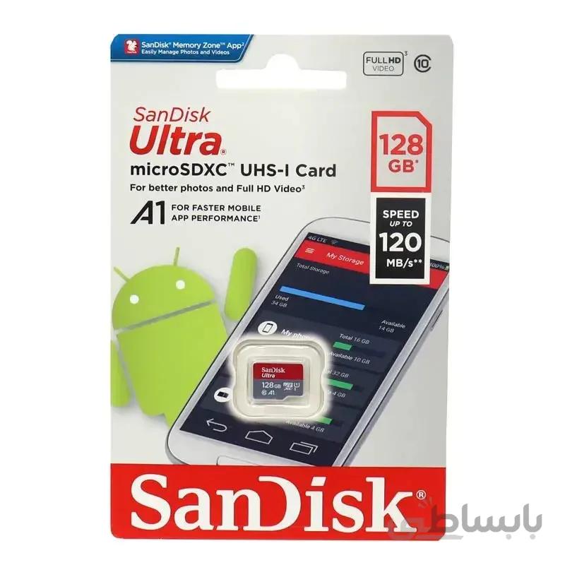 کارت حافظه microSDXC سن دیسک مدل Ultra A1 کلاس 10 استاندارد UHS-I سرعت 120MBps ظرفیت 128 گیگابایت با گارانتی