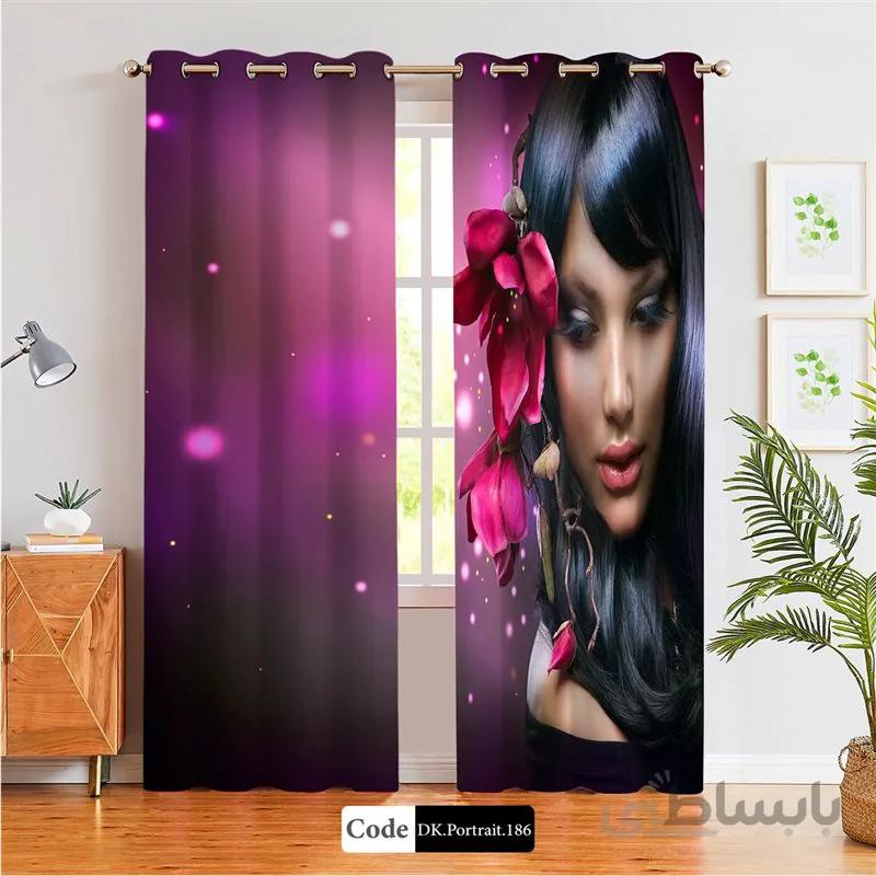 پرده پانچی (هازان و مخمل) کد DK.Portrait.186 طرح چهره زن با گل