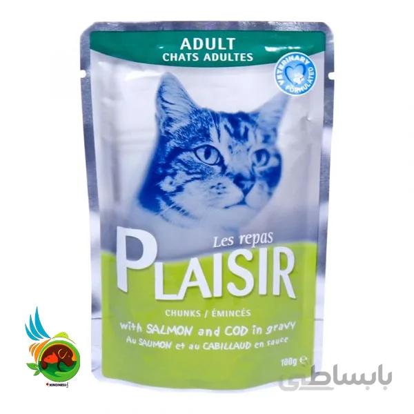 پوچ گربه بالغ پلازیر با طعم ماهی سالمون و ماهی کاد plaisir adult cat with salmon and cod وزن 100 گرم