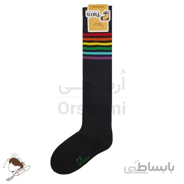 جوراب ساق بلند بالا زانو مشکی طرح 6 خط رنگی پاتریس