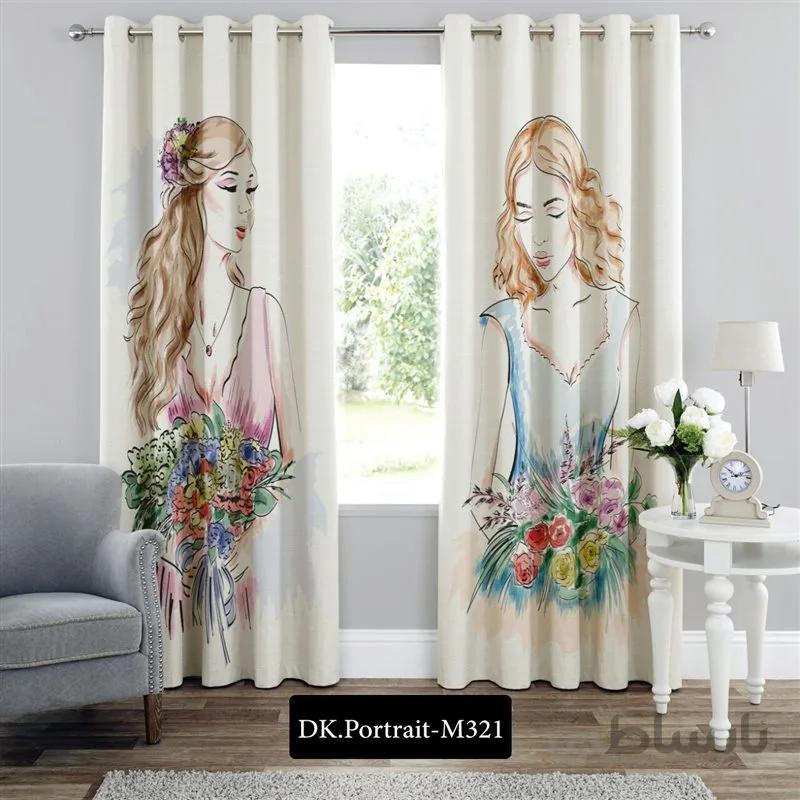 پرده پانچی (هازان و مخمل) کد DK.Portrait.M321 طرح چهره دختران زیبا