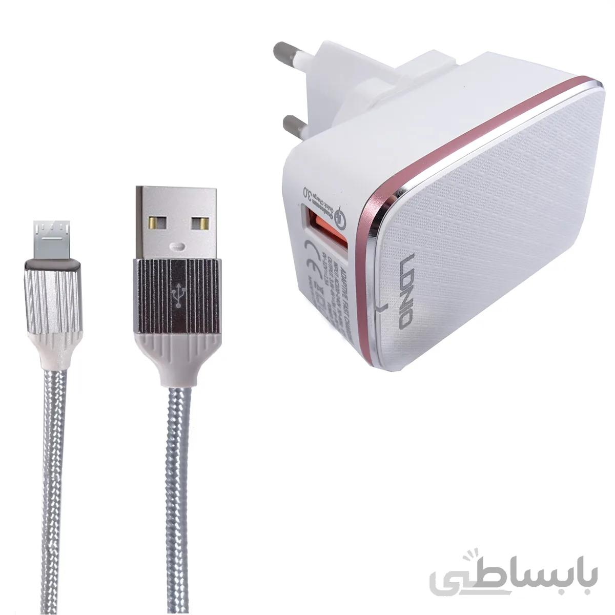 شارژر دیواری فست شارژ ۲.۴ آمپر Qualcomm 2.0 اورجینال الدینیو LDNIO A1204Q همراه با کابل Micro USB