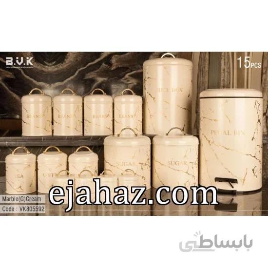 سرویس آشپزخانه 15 پارچه بی وی کی ویراکیش فلزی حبوبات (b.v.k) طرح ماربل کرم طلایی