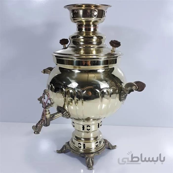 سماور زغالی برنجی شش لیتر طرح قلم ا سماور زغالی برنجی تمام برنج سه مهر بسیار زیبا محکم و ضخیم