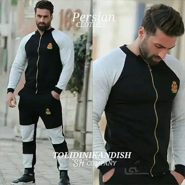 ست مردانه کد 060 سویشرت و شلوار طرح دار جنس دورس رنگ مشکی ا Men's sweater and pants set, Dors, black, white
