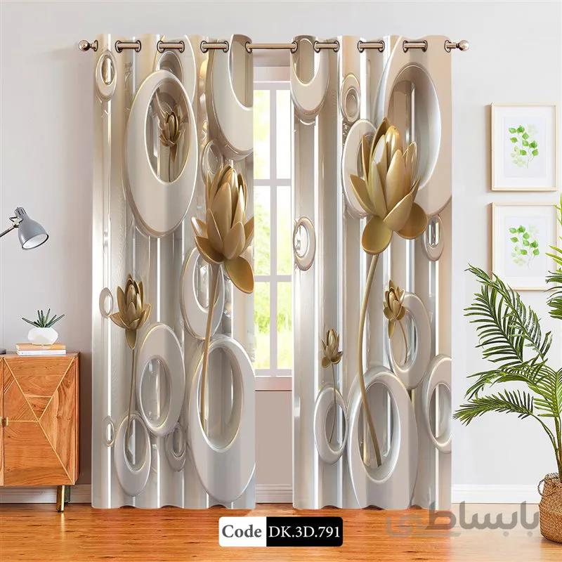 پرده پانچی (هازان و مخمل)کد DK.3D.791 طرح سه بعدی گل های طلایی