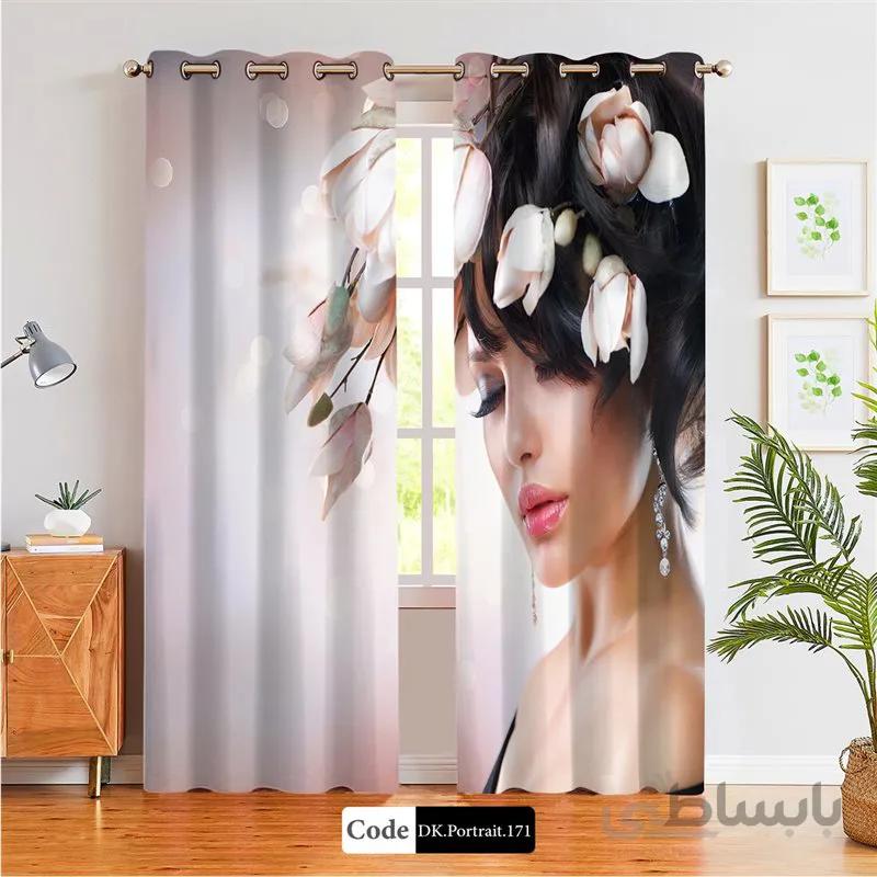 پرده پانچی (هازان و مخمل) کد DK.Portrait.171 طرح چهره زن با گل