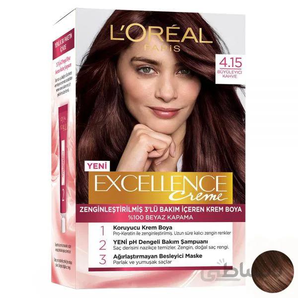 کیت رنگ مو لورآل قهوه ای تیره سری EXCELLENCE شماره 4.15