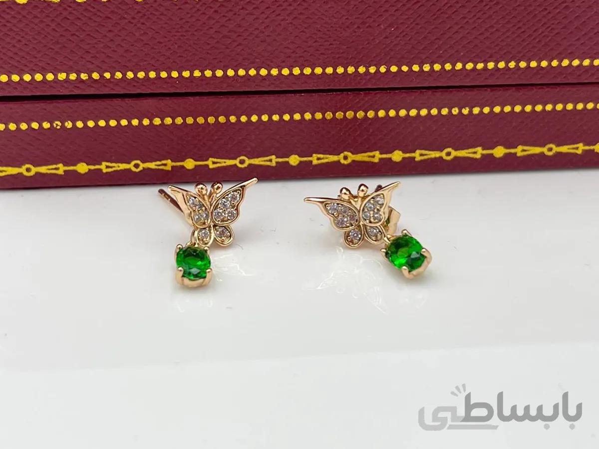 گوشواره ژوپینگ پروانه آویز نگین سبز