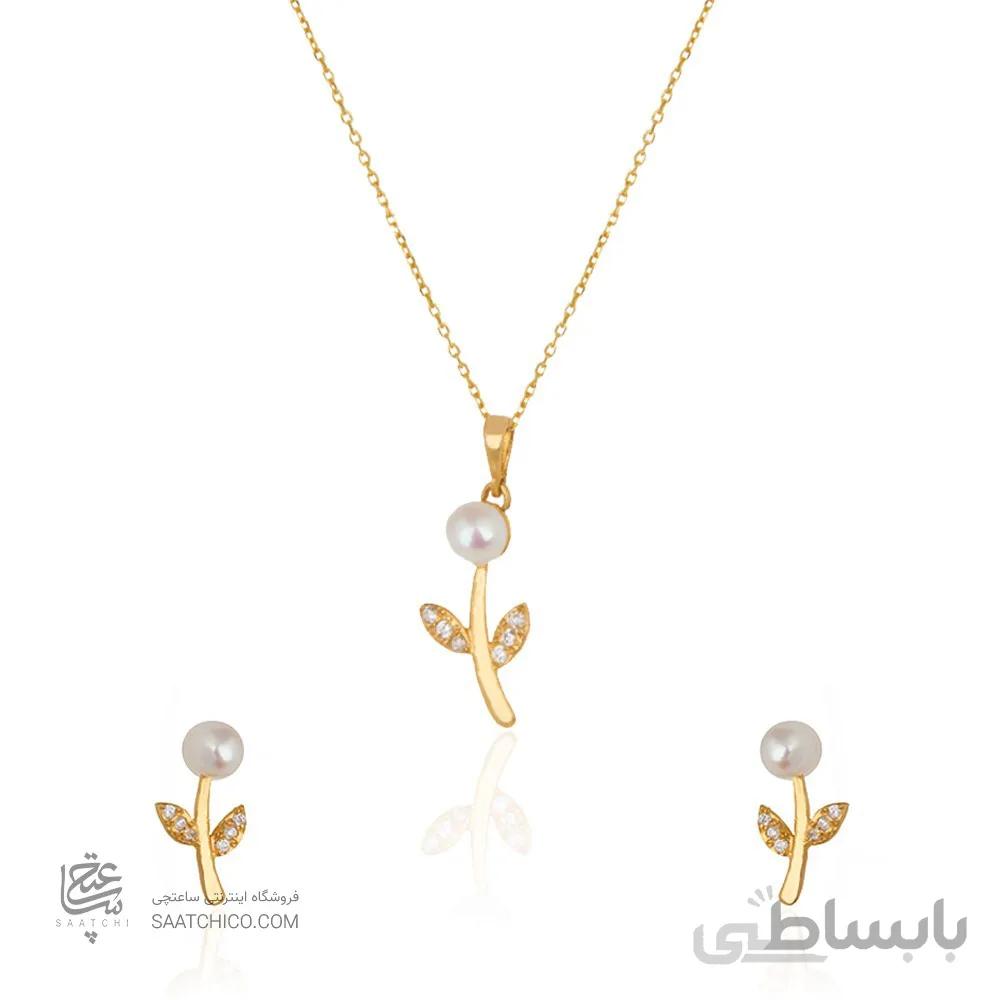 نیم ست طلا زنانه طرح شاخه گل با مروارید کد XS218