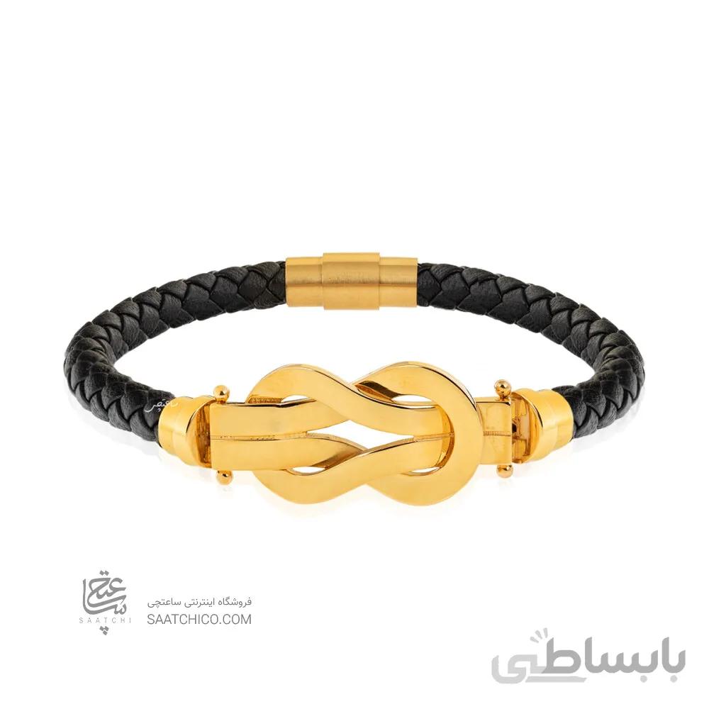 دستبند چرم مردانه با پلاک طلا طرح فرد کد MB152