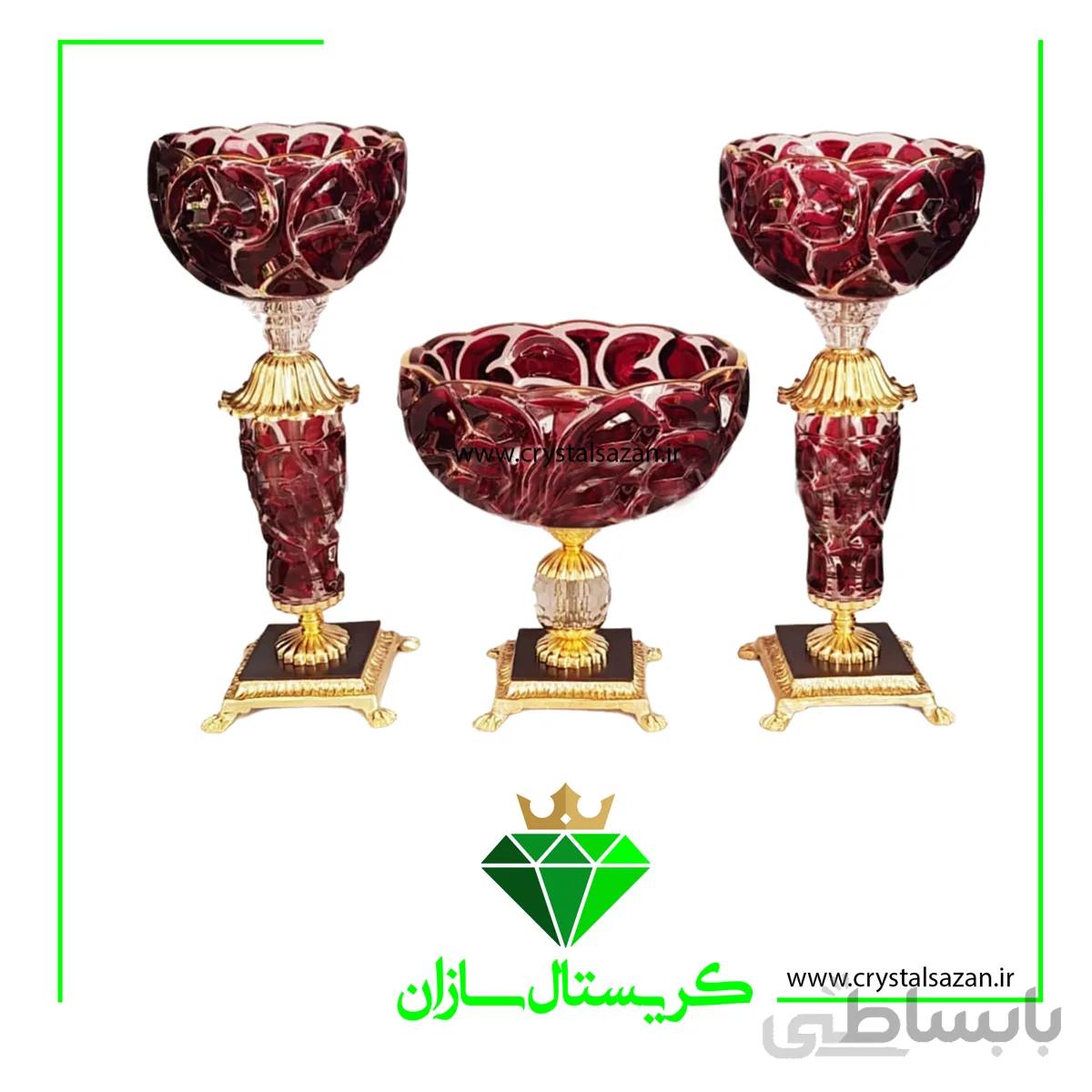 سه تیکه میوه خوری و شمعدان کریستال سازان مدل استون کد CS1175
