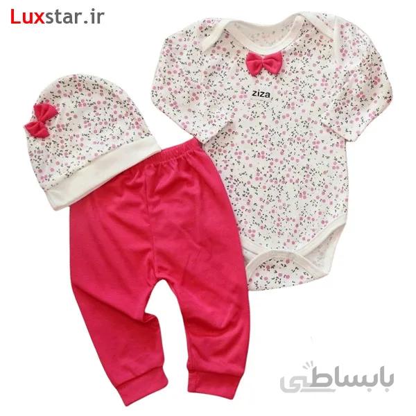 لباس نوزادی سه تکه طرح گل گلی صورتی ا Baby Cloth 1627