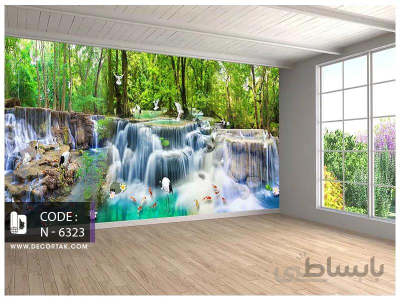پوستر طبیعت طرح آبشار در جنگل سرسبز N-6323
