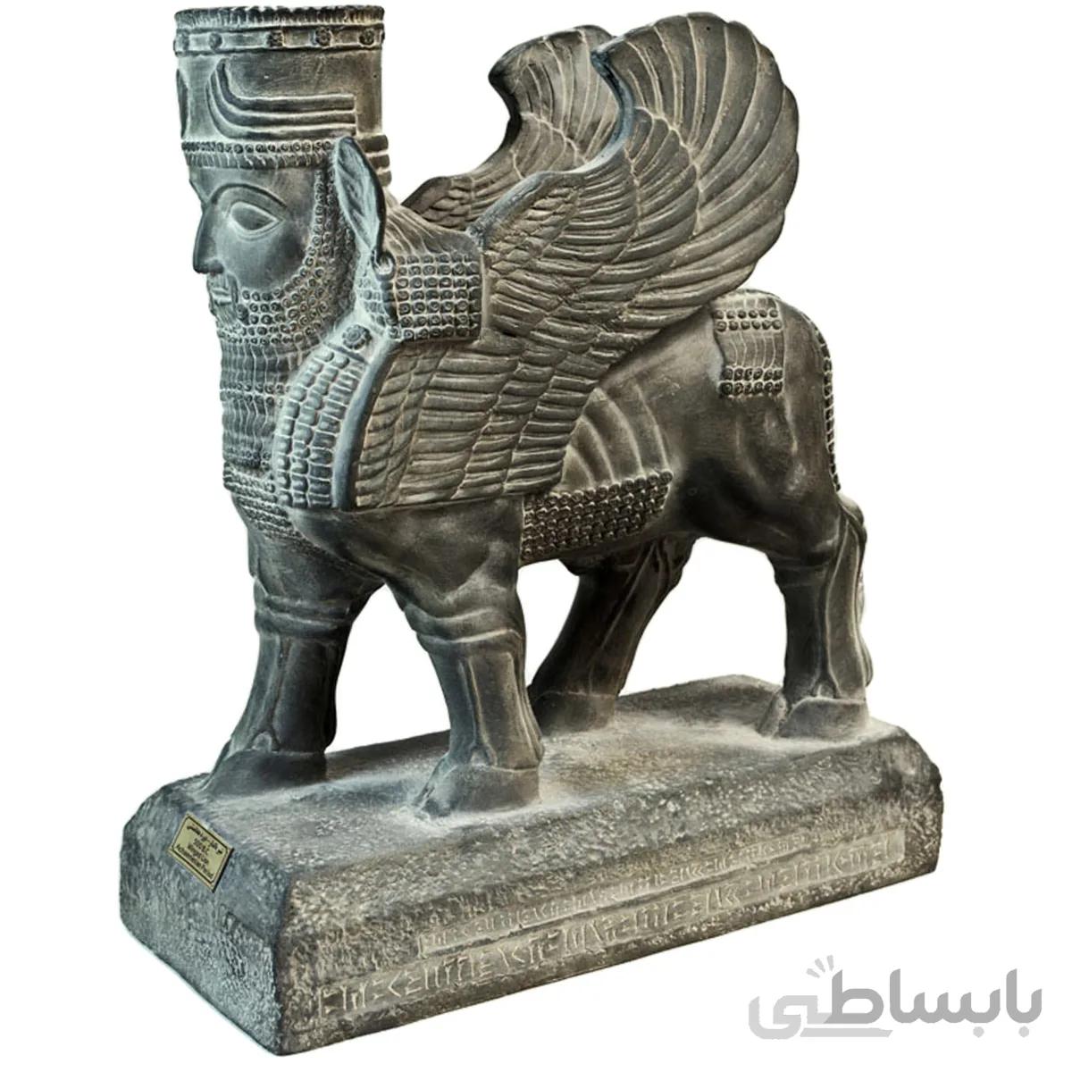 مجسمه تندیس و پیکره شهریار مدل شیر بالدار با گل لوتوس ایستاده کد MO1630 سایز بزرگ