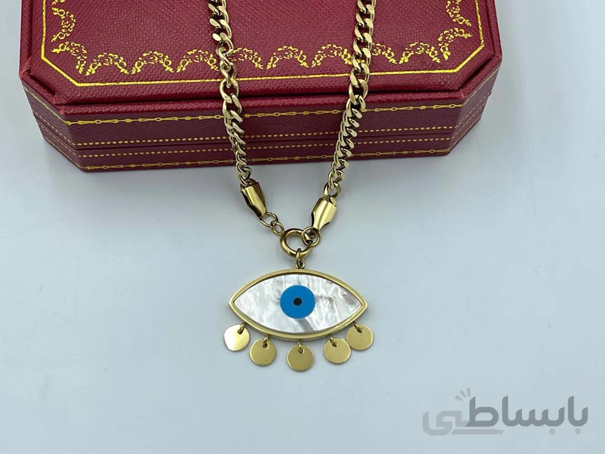 گردنبند چشم نظر با آویز پولکی و زنجیر کارتیر