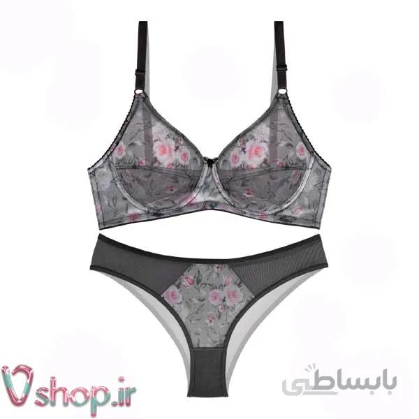 ست شورت و سوتین فنردار گیپور نوشه پوش کد 62002 خاکستری