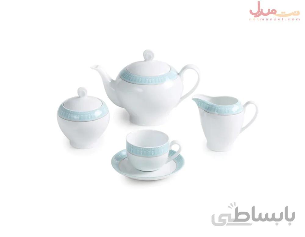 سرویس چای خوری 17 پارچه چینی زرین سری ایتالیا اف مدل سپید صدف فیروزه درجه عالی