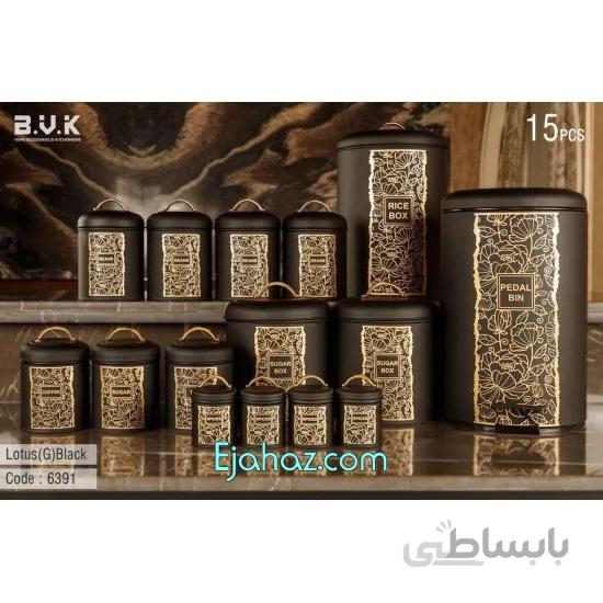 سرویس آشپزخانه 15 پارچه بی وی کی ویراکیش فلزی حبوبات (b.v.k) طرح لوتوس مشکی طلایی