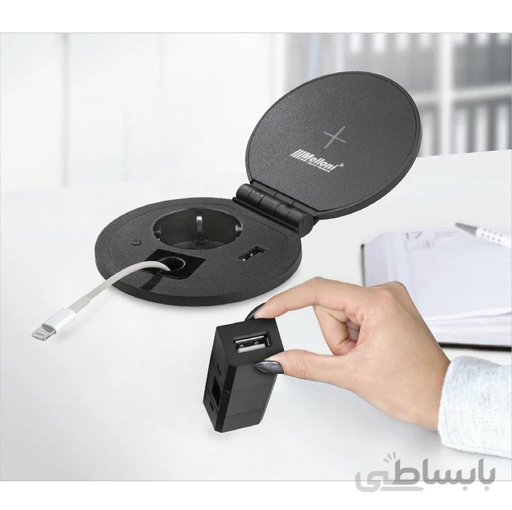 پریز توکار استوانه ای کد 10032 ملونی با شارژر USB و وایرلس سفید و مشکی