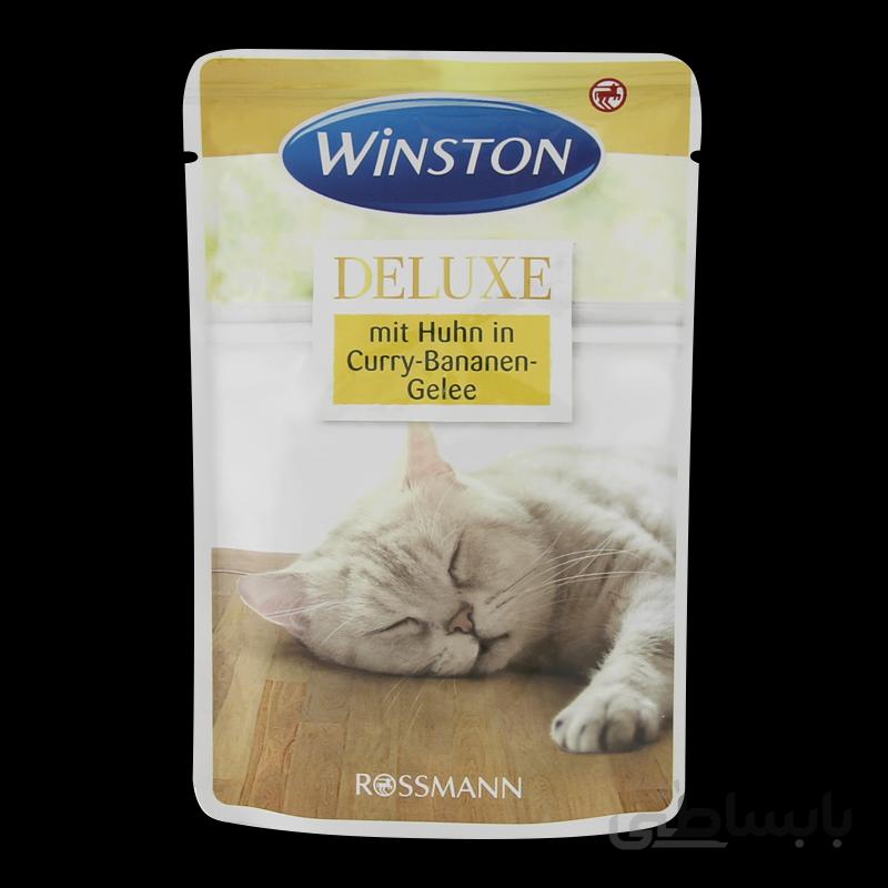 پوچ گربه وینستون مدل Deluxe Chicken in Curry & Banana Jelly وزن 85 گرم